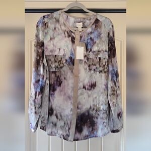 Chico's Soft Orchid Winter Floral Long Sleeve Woven Birdie Top, Chico's Size 2